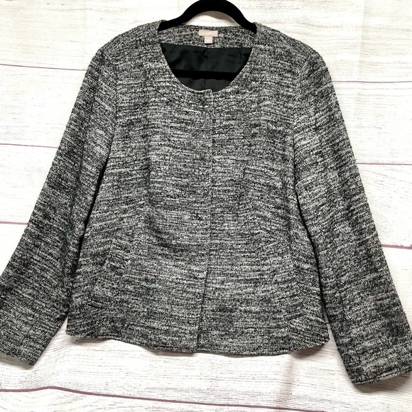 J Jill Wool Blend Tweed Blazer Gray Snap Front Size L - Picture 1 of 12